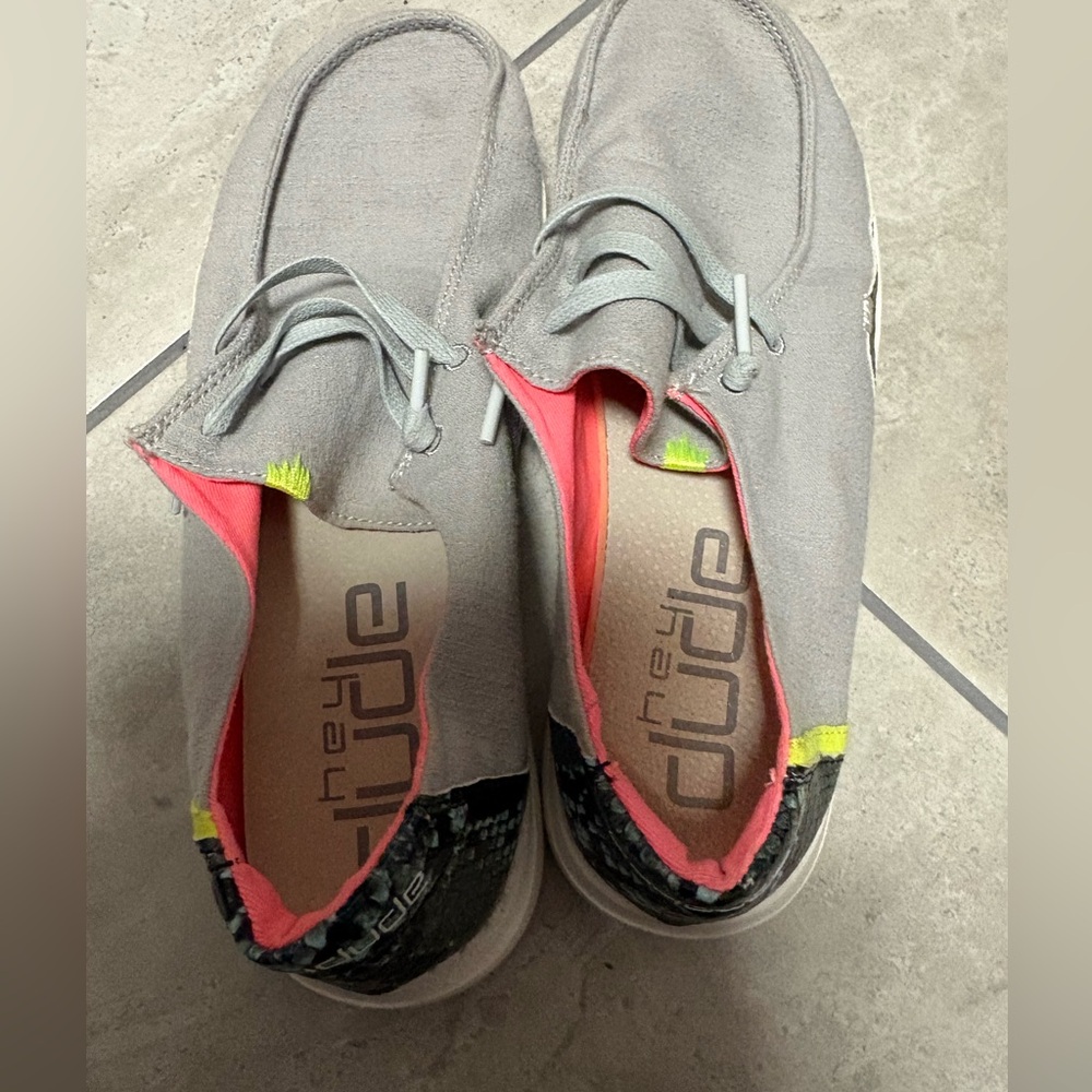 Hey Dude Women's Gray Wendy Sneakers with Snake Skin and Pink Accents